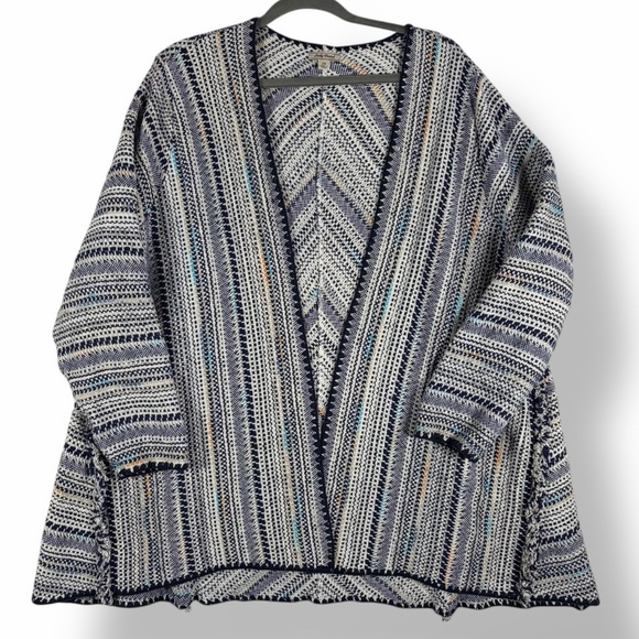 LUCKY BRAND Textured Boho Fringe Open Front Cardigan Sweater Navy Blue 2X - Picture 2 of 7